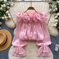 Off-the-shoulder Chiffon Blouse With Ruffled Trim Elegant Style by Ricaloux