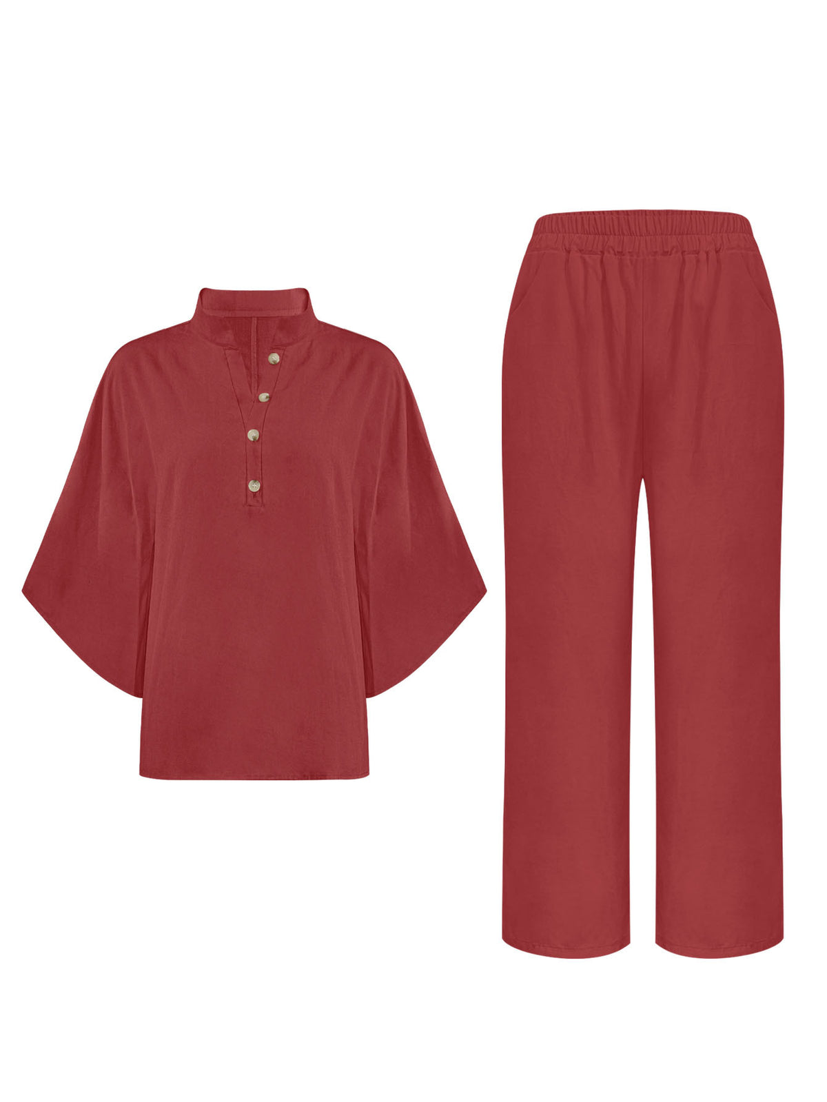 Women's Two Piece Outfit Stand Collar Half Button Batwing Sleeve Top & Wide Leg Pants Set Casual Blend Loose Tracksuit For Summer by Ricaloux