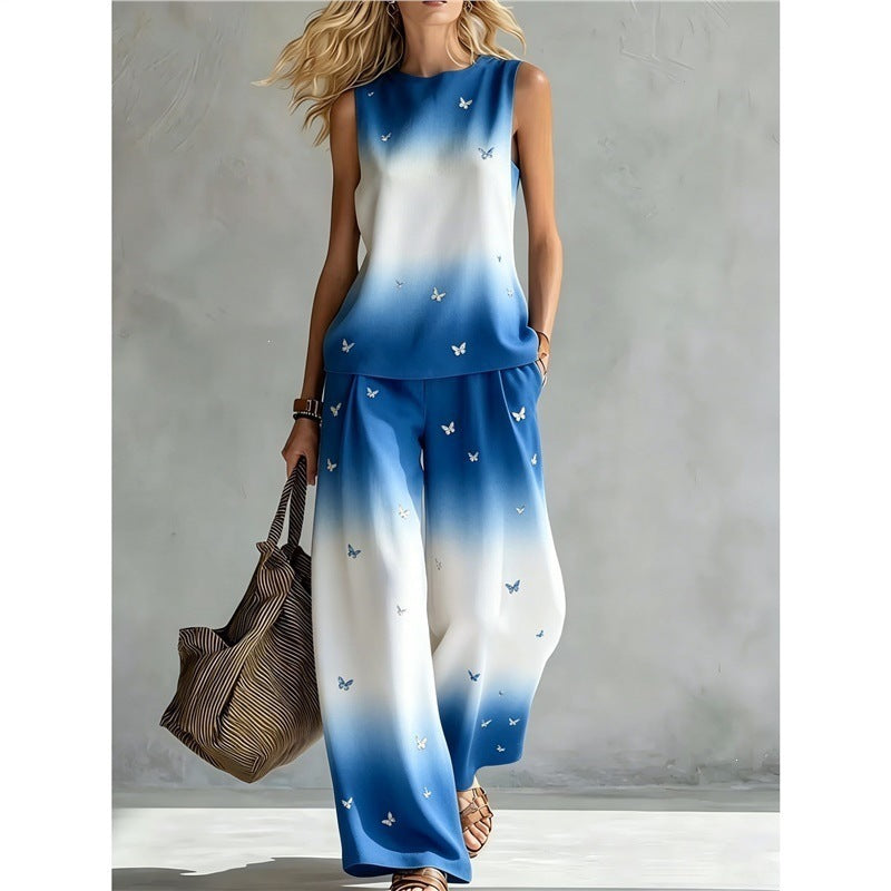 New-style Rainbow Tie-dye Sleeveless Crew-neck Top And Wide-leg Pants Womens Casual Two-piece Set – Premium 0 | RICALOUX