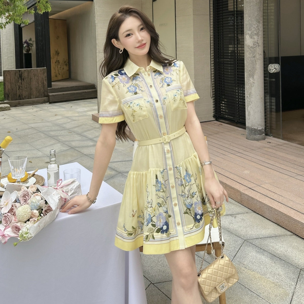 French-style Yellow Floral-print Silk Dress by Ricaloux
