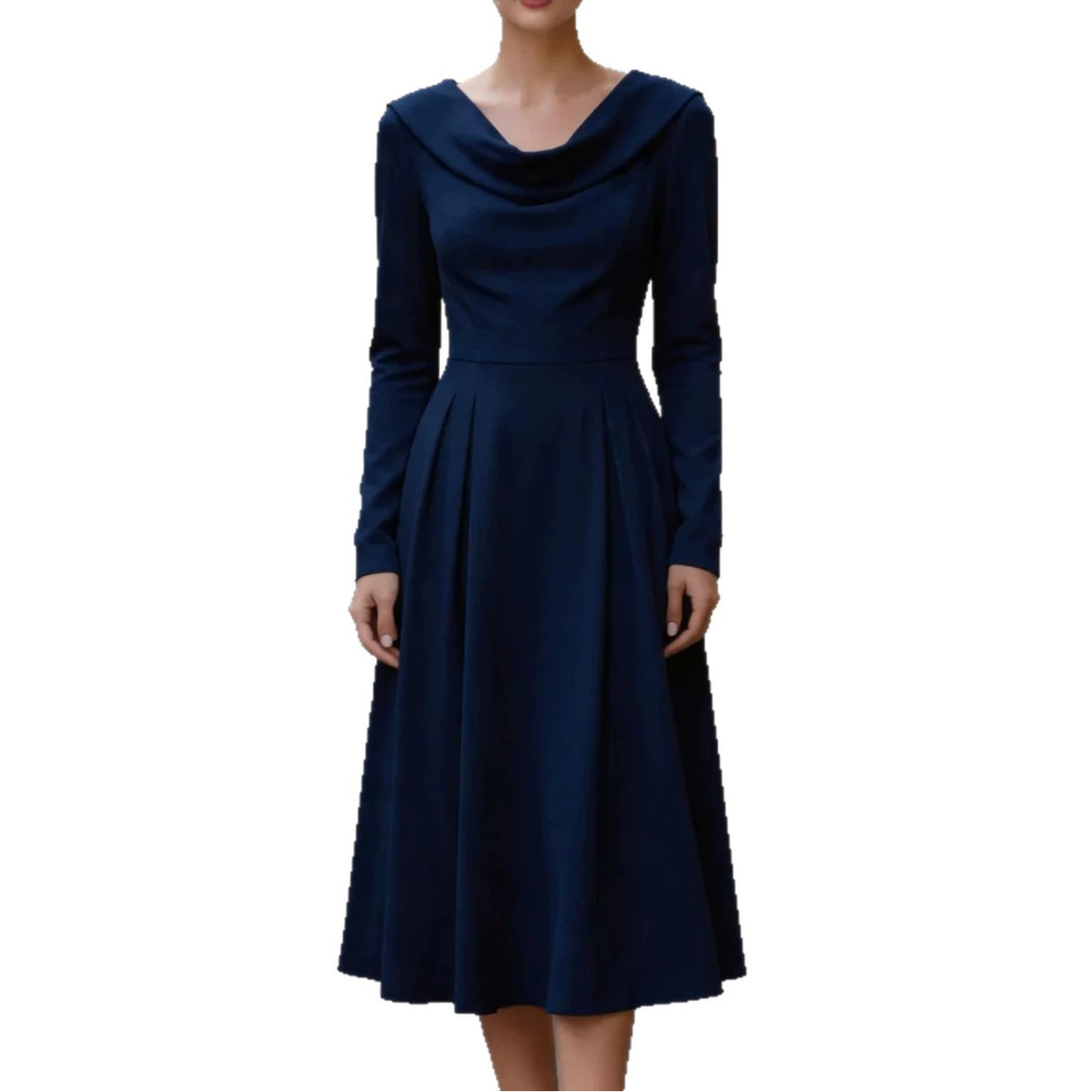 Elegant Boat-neck Satin Long-sleeve Waist-cinched Midi Evening Gown – Premium 0 | RICALOUX