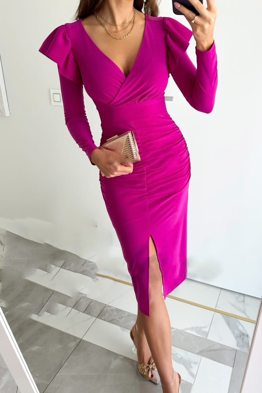 Womens Fashion V-Neck Defined Waistline Slit Long-Sleeve Dress by Ricaloux