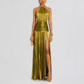 Sexy Pleated Halter Neck Long Dresses Summer Split Sleeveless Dress Evening Party Club Women's Clothing by Ricaloux