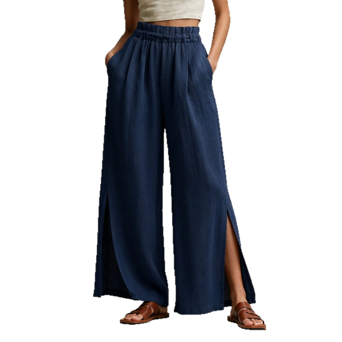 Womens Casual High-waisted Trousers With An Elastic Waist And Side Slits by Ricaloux