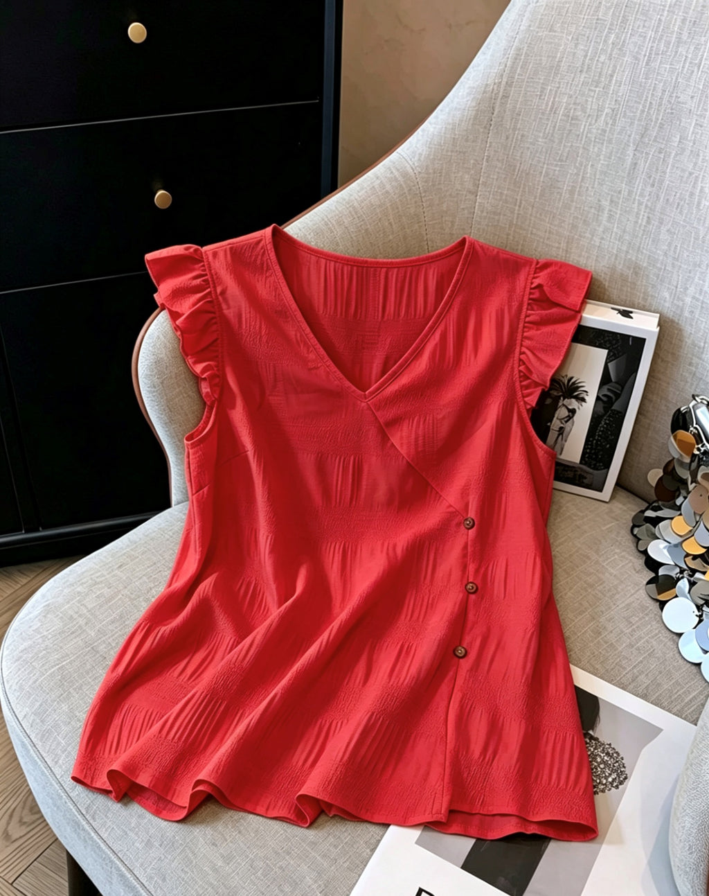French-style V-neck, Fluttery Three-quarter Sleeves, Textured Top – Premium 0 | RICALOUX