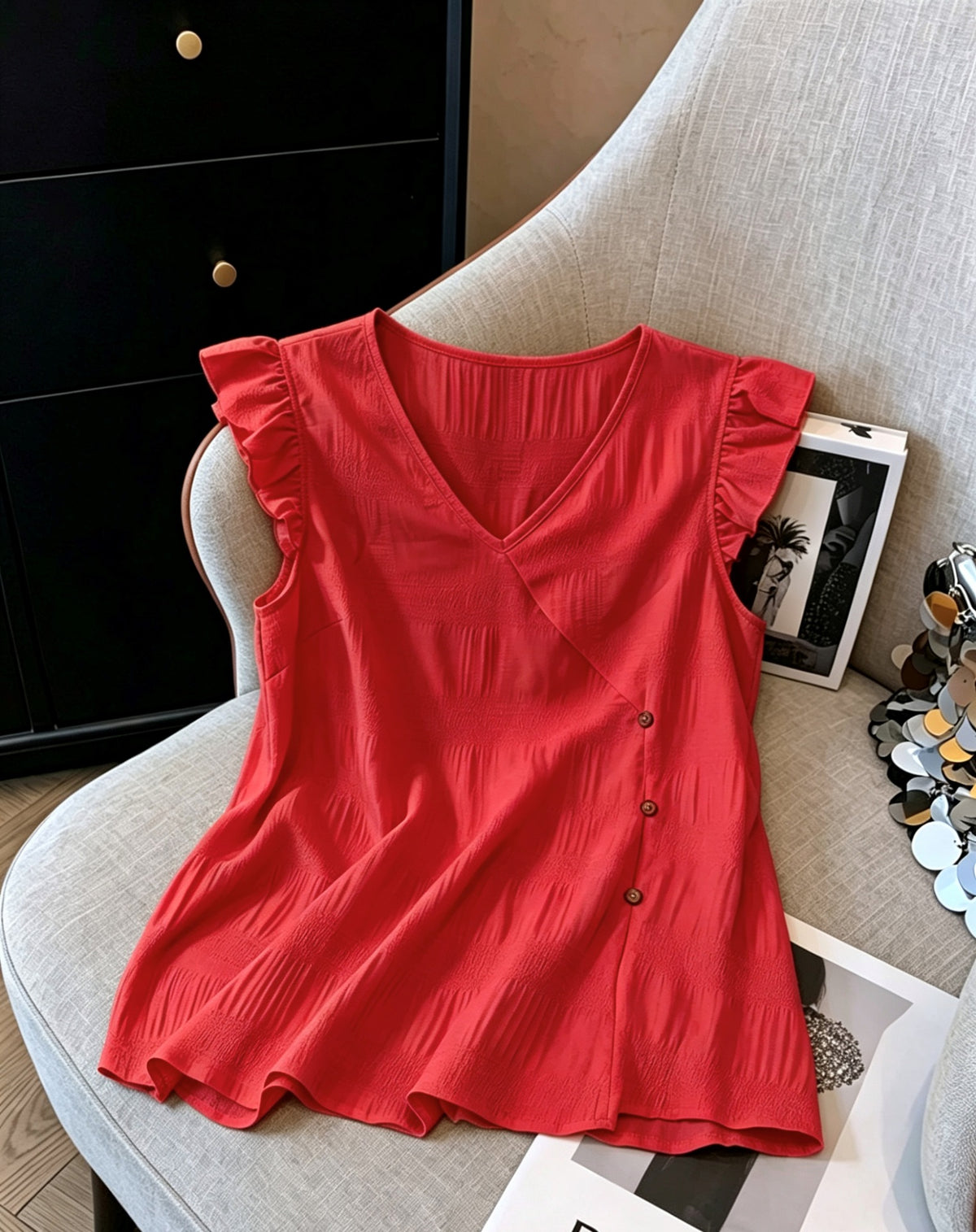 French-style V-neck, Fluttery Three-quarter Sleeves, Textured Top – Premium 0 | RICALOUX