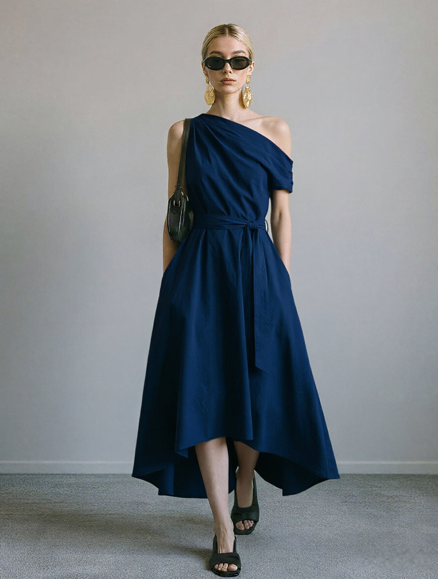 Irregular Hem Off-the-shoulder Waist-cinching Lace-up Elegant Womens Dress – Premium 0 | RICALOUX