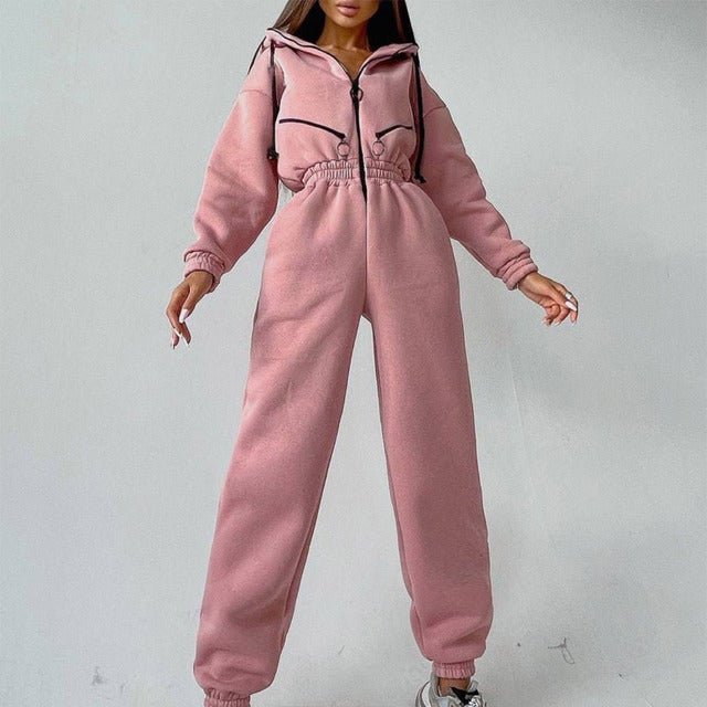 Casual Women Basic Hoodie Two Piece Sets Zipper Drawstring - RICALOUX