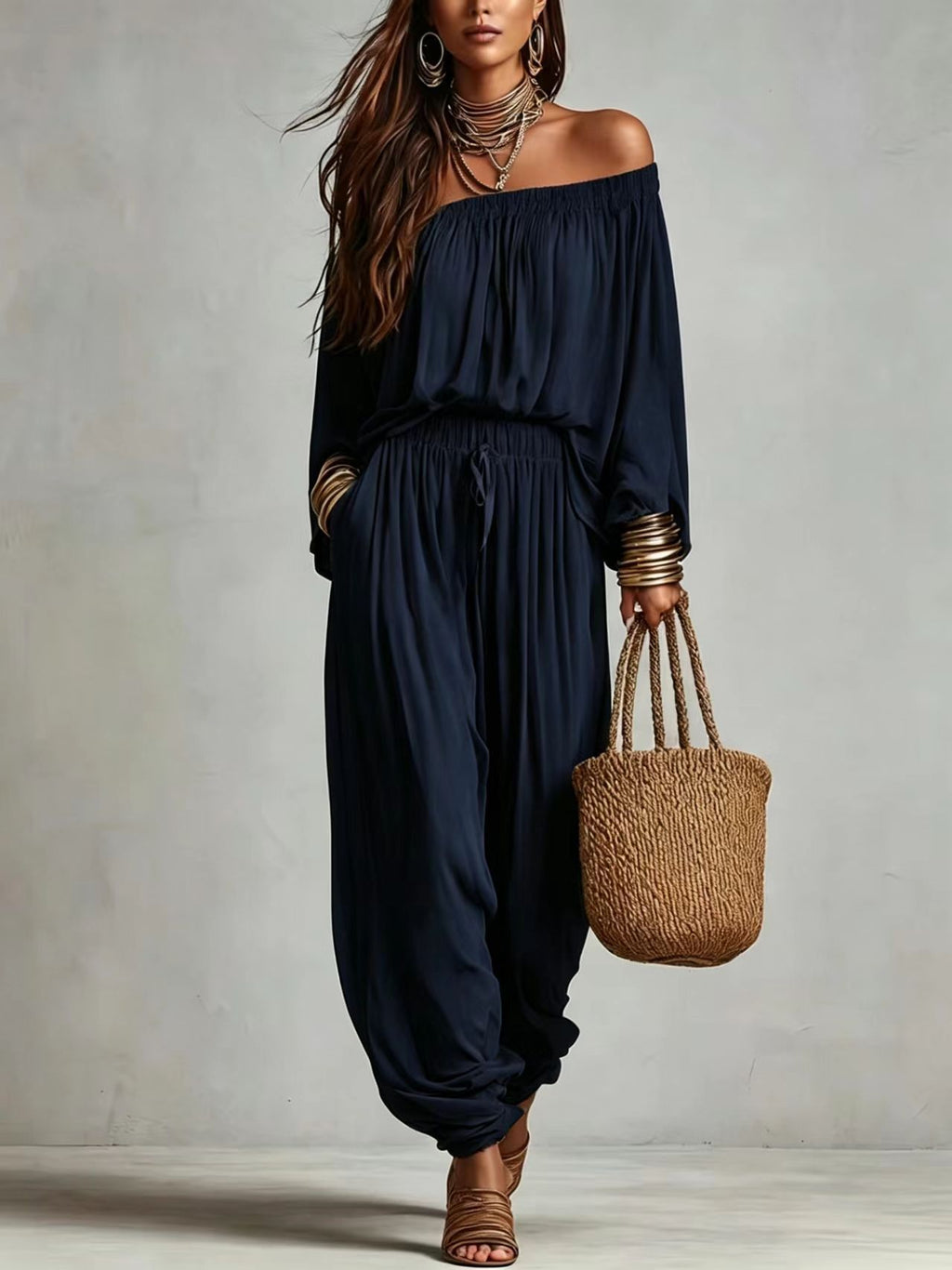 Womens Fashionable Off-shoulder Top And Wide-leg Pants Set by Ricaloux