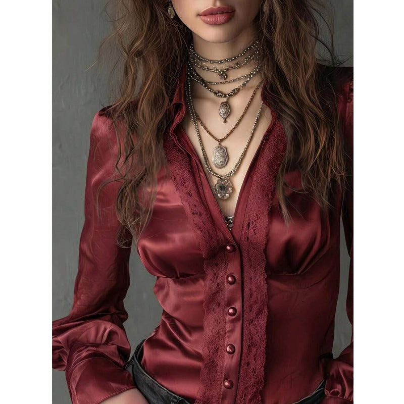 Womens Satin Long-sleeve Shirt With A Turn-down Collar by Ricaloux