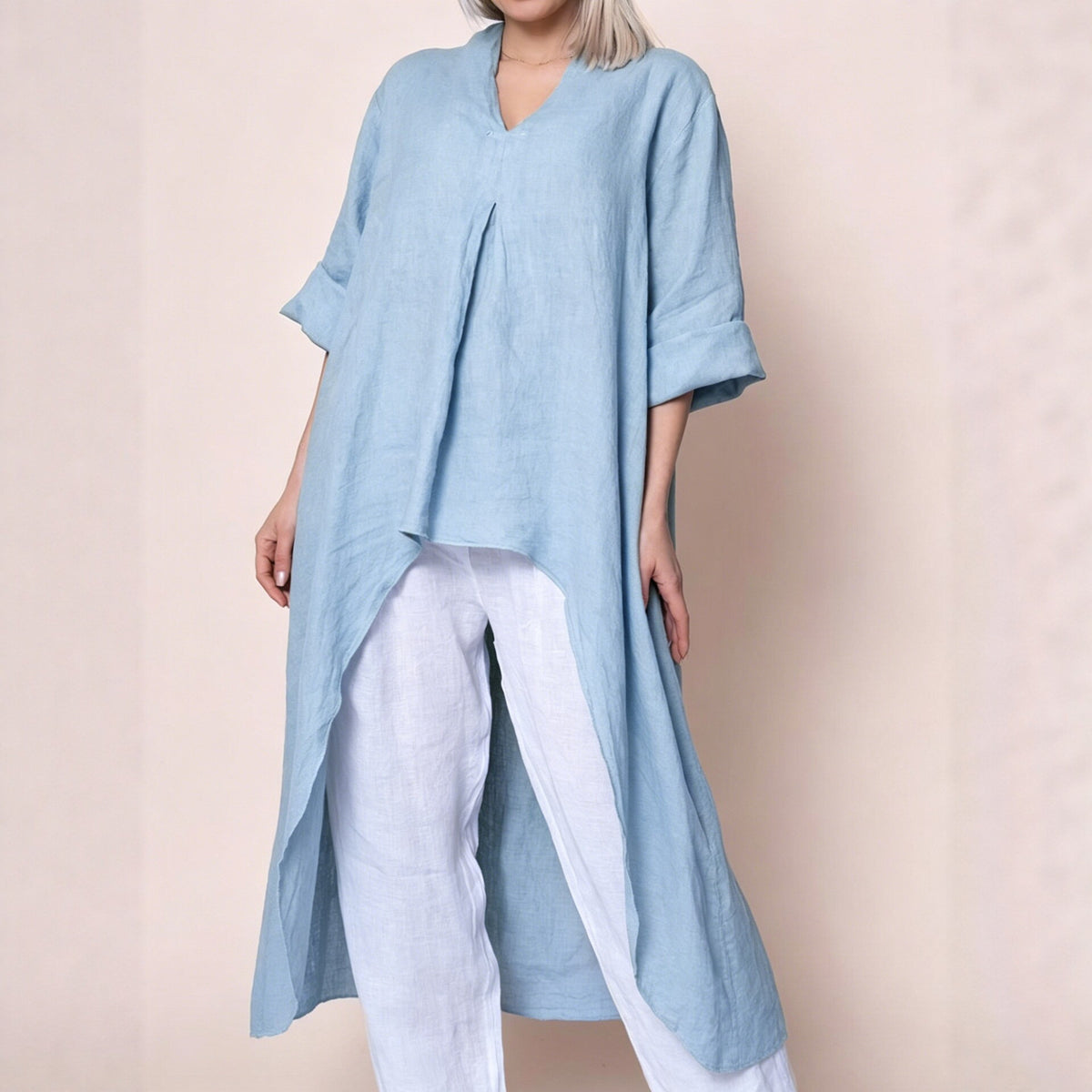 Womens Solid-Color V-Neck Asymmetric Long-Sleeve Shirt by Ricaloux