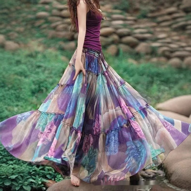 Printed Elastic Waist Slimming Large Hem Skirt - RICALOUX