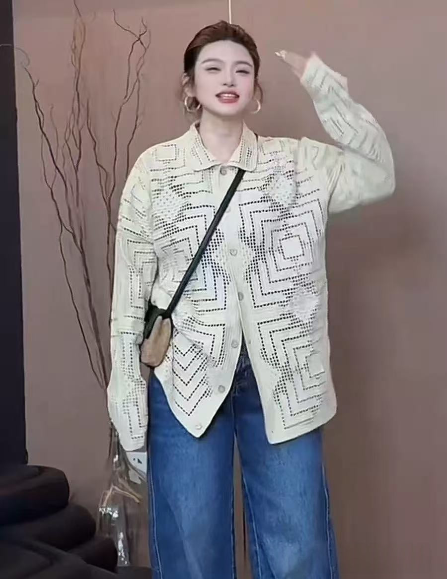 French-style Elegant Crocheted Floral Plaid Cardigan With A Lapel by Ricaloux