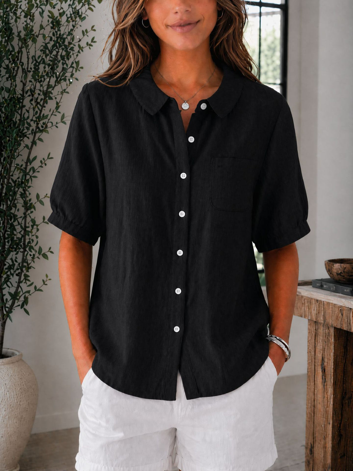 Womens Solid-color Loose-fit Casual Work Top by Ricaloux