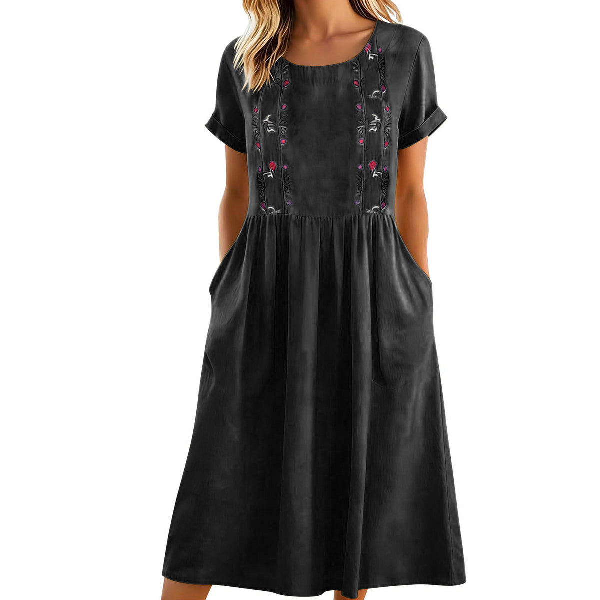 Womens Embroidered Crew-Neck Cotton-Linen Pinafore Dress by Ricaloux