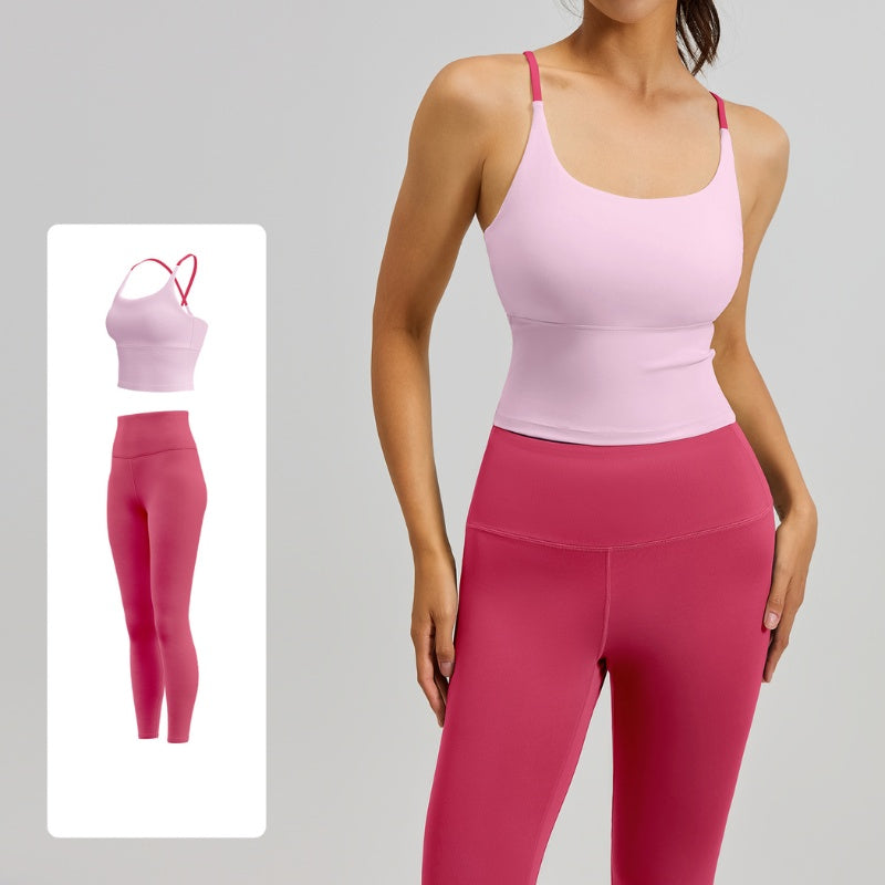Women's Two-Piece Sports Fitness Outfit With Camisole Top & Long Pants, Color Block Shockproof Yoga Wear For Indoor Training – Premium 4 | RICALOUX