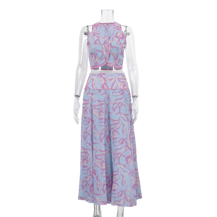 Abstract Print Sleeveless Crop Vest & Flared Midi Skirt 2-Piece Set – Premium 4 | RICALOUX
