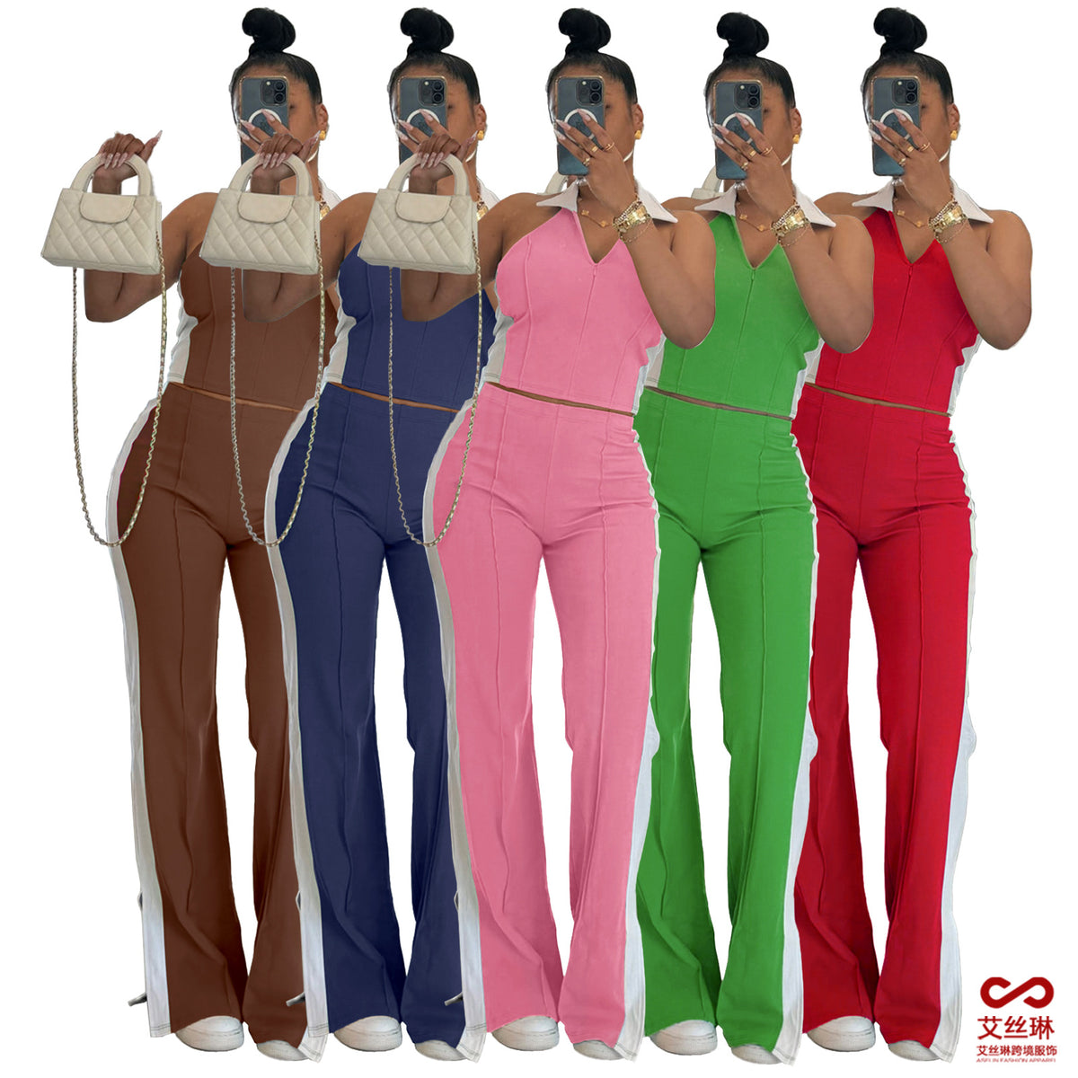 Fashionable Patchwork Color-Block V-Neck Zippered Sleeveless Split-Pant Two-Piece Set by Ricaloux