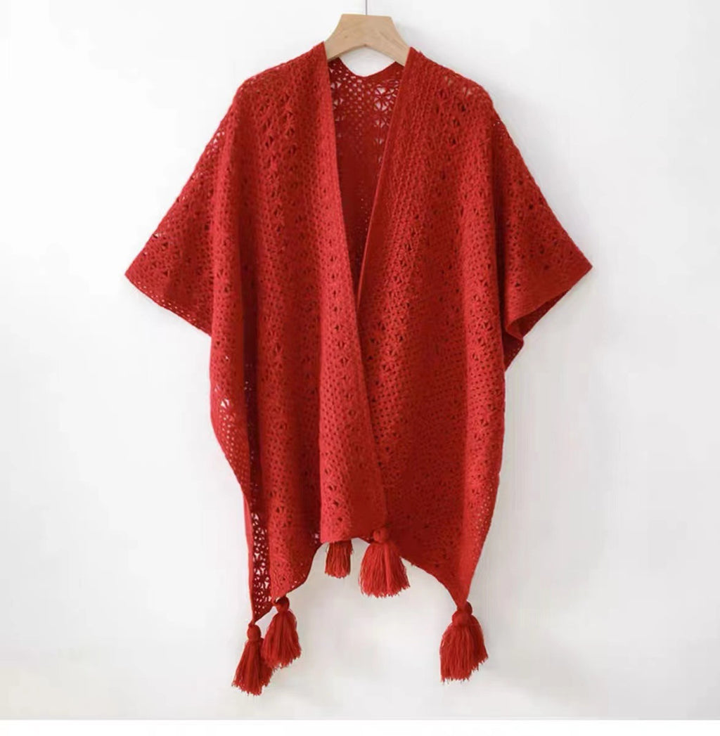 Womens Knitted Tassel-Trimmed Open-Front Cape For Photos – Premium 0 | RICALOUX