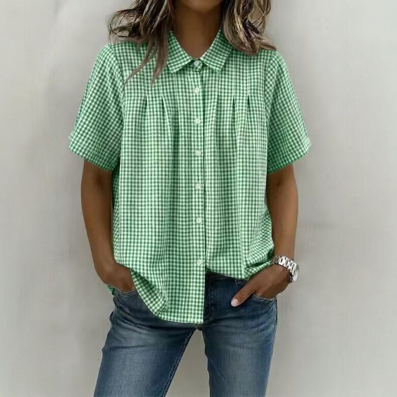 Womens Relaxed-fit Casual Lapel-neck Plaid Short-sleeve Shirt by Ricaloux