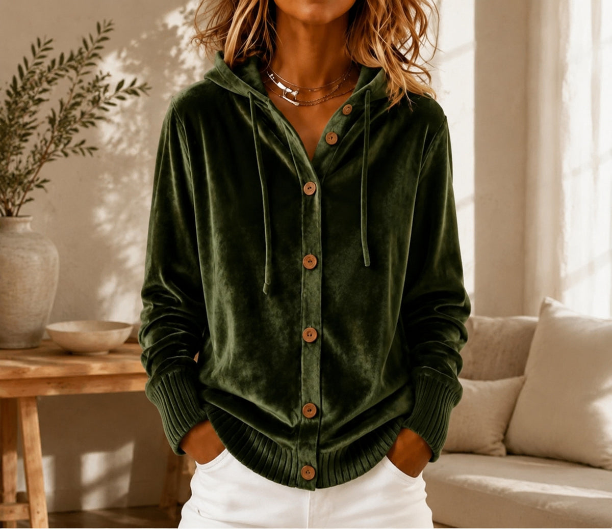 Buttoned Velvet Hooded Cardigan Solid-Color Coat For Women – Premium 0 | RICALOUX
