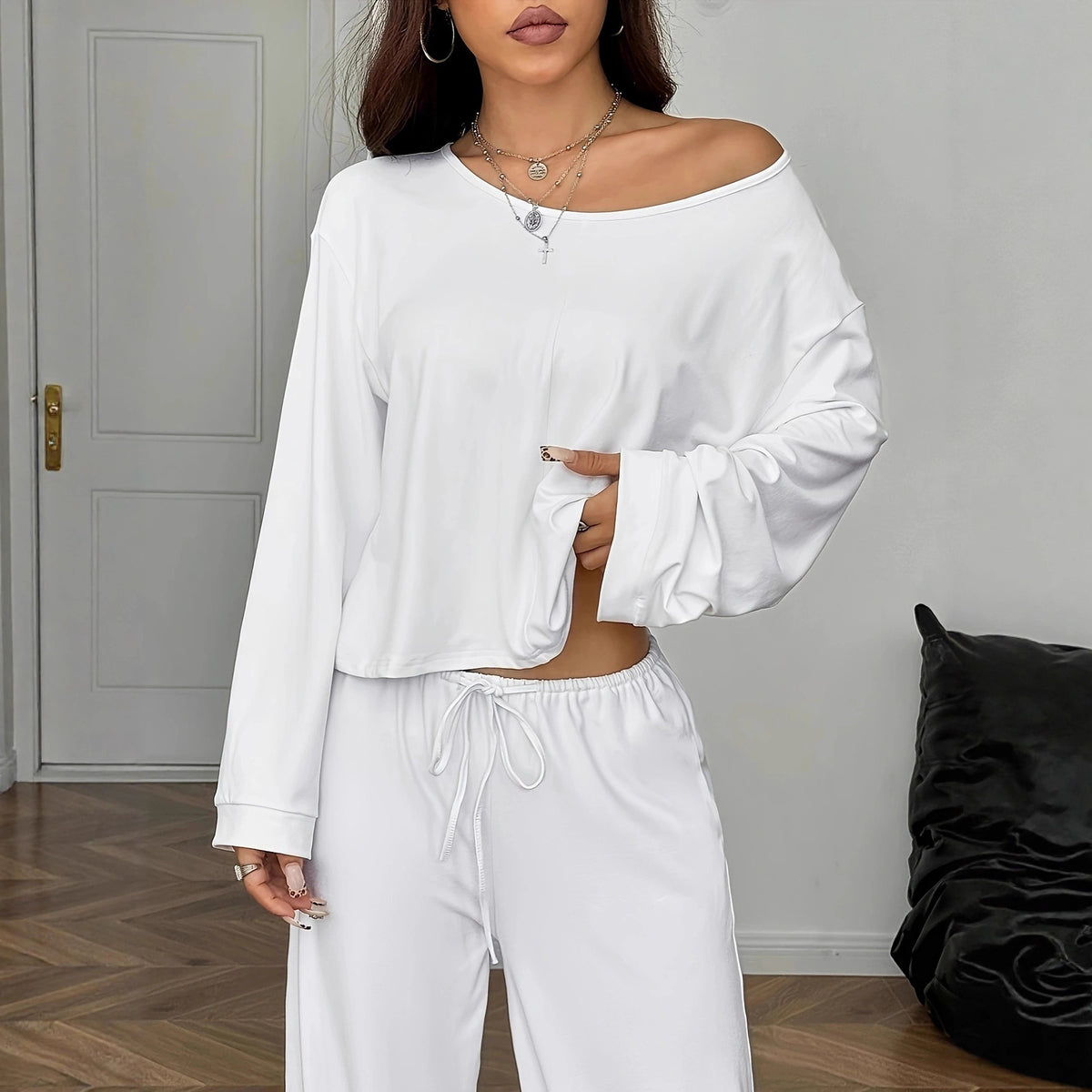 Satin Long-sleeve Top And Pants Set by Ricaloux