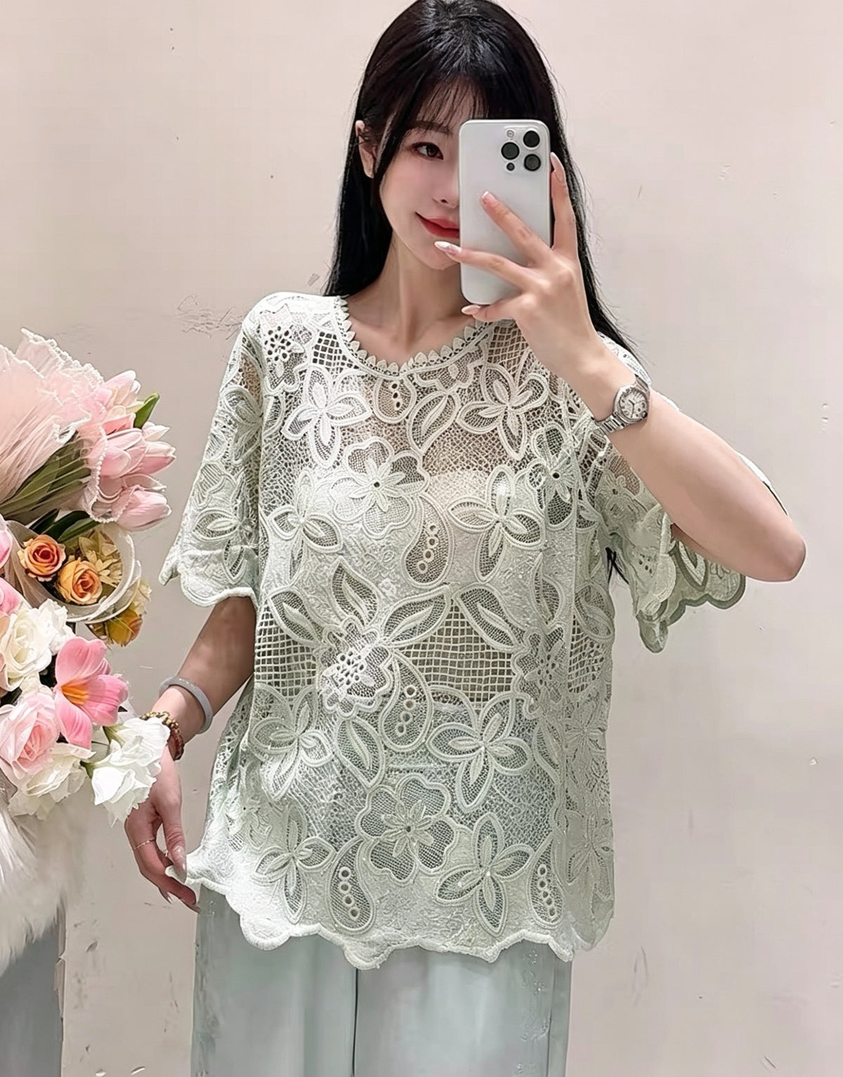 Design-focused Round-neck Lace Chanel-style Womens Top by Ricaloux