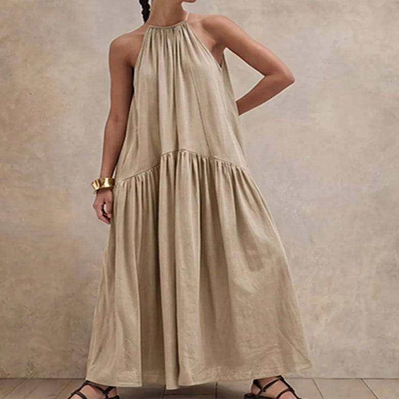 Halter-neck Sleeveless Cotton-linen Dress by Ricaloux