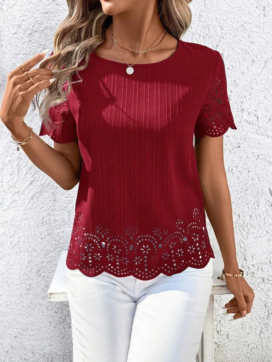 European And American Plus Size Womens Round Neck Hollow Out Short Sleeve Top With Burned Out Floral Design – Premium 0 | RICALOUX
