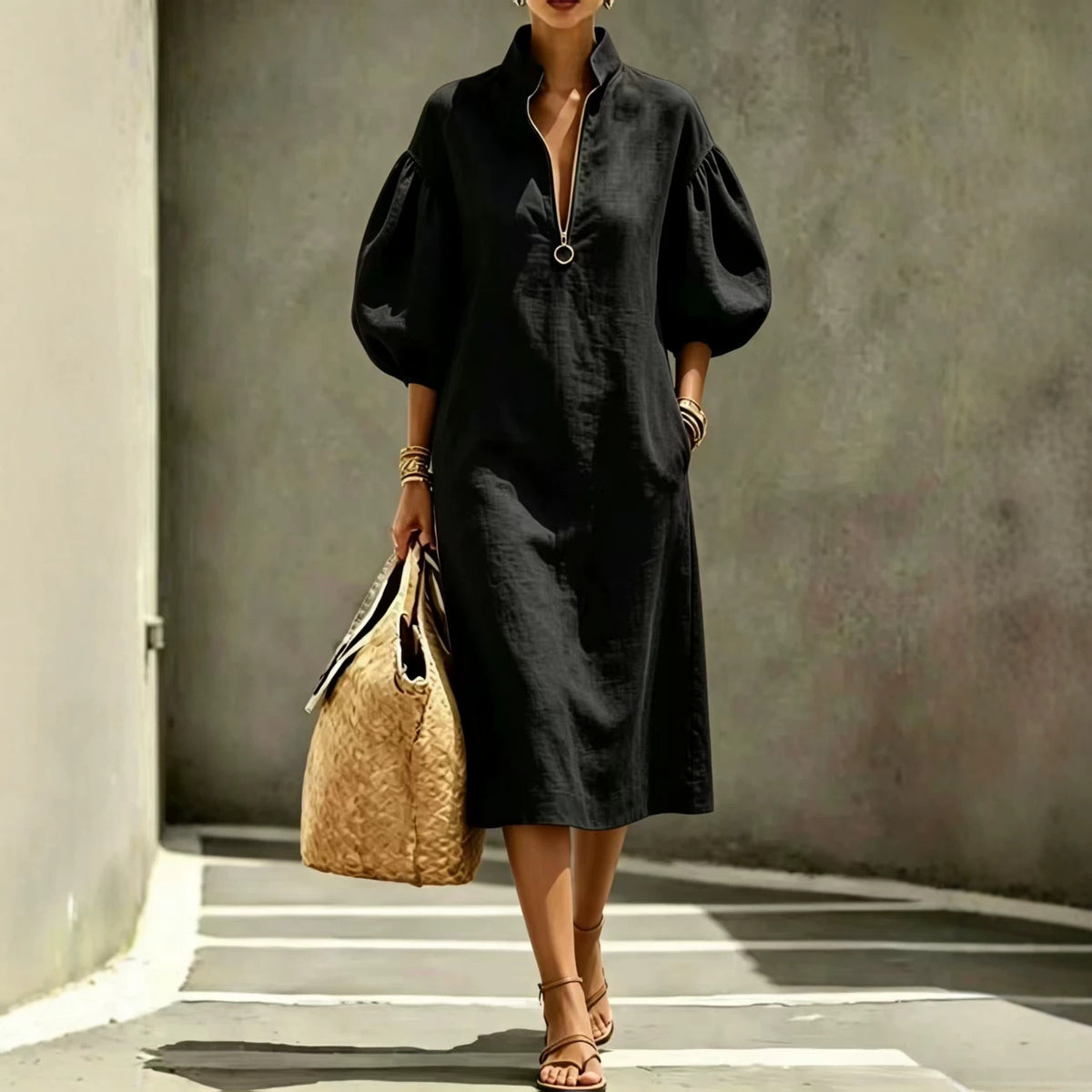 Summer Casual Loose-fit Stand-collar Puff-sleeve Dress by Ricaloux