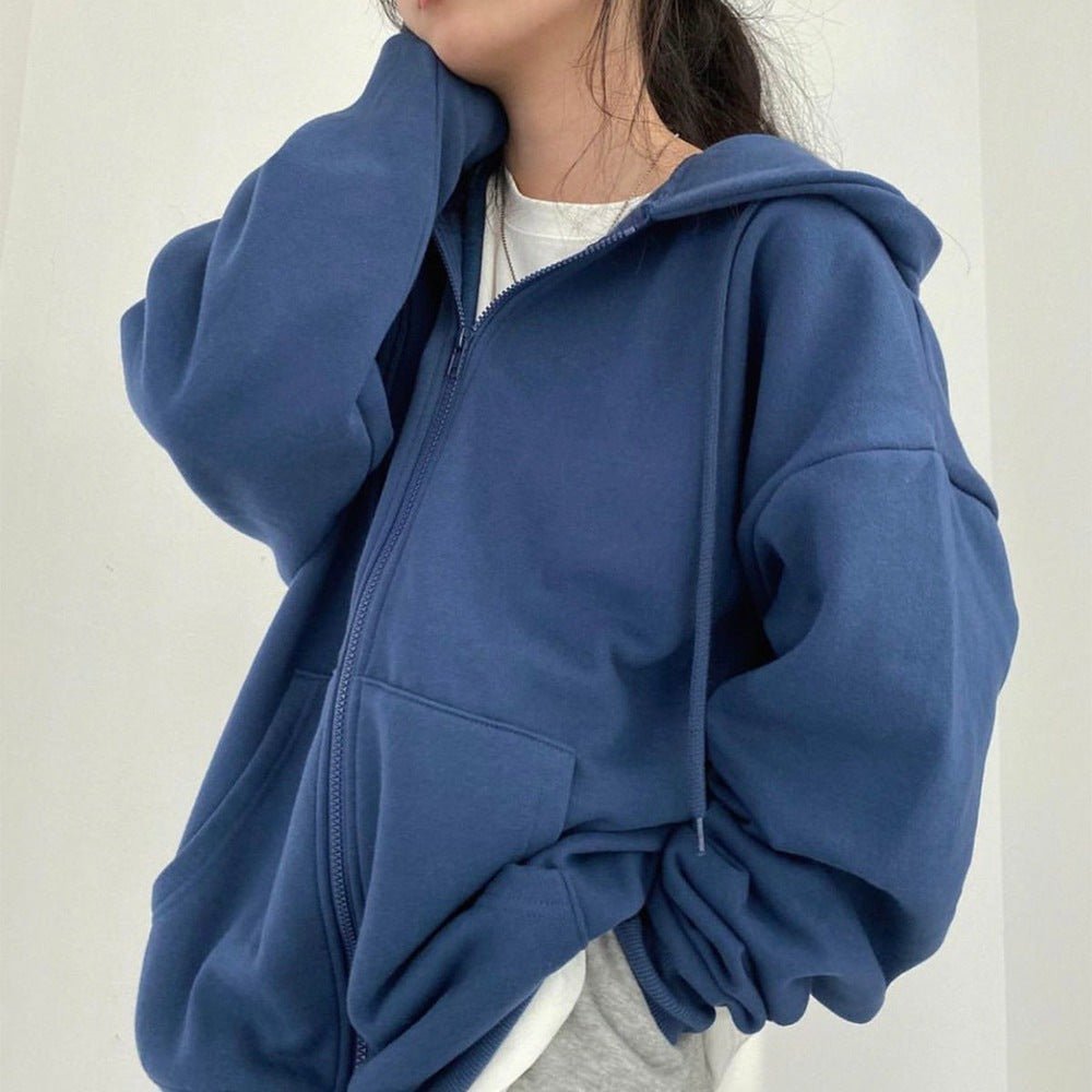 Women's Loose Long Sleeve Zipper Pocket Hoodie - RICALOUX