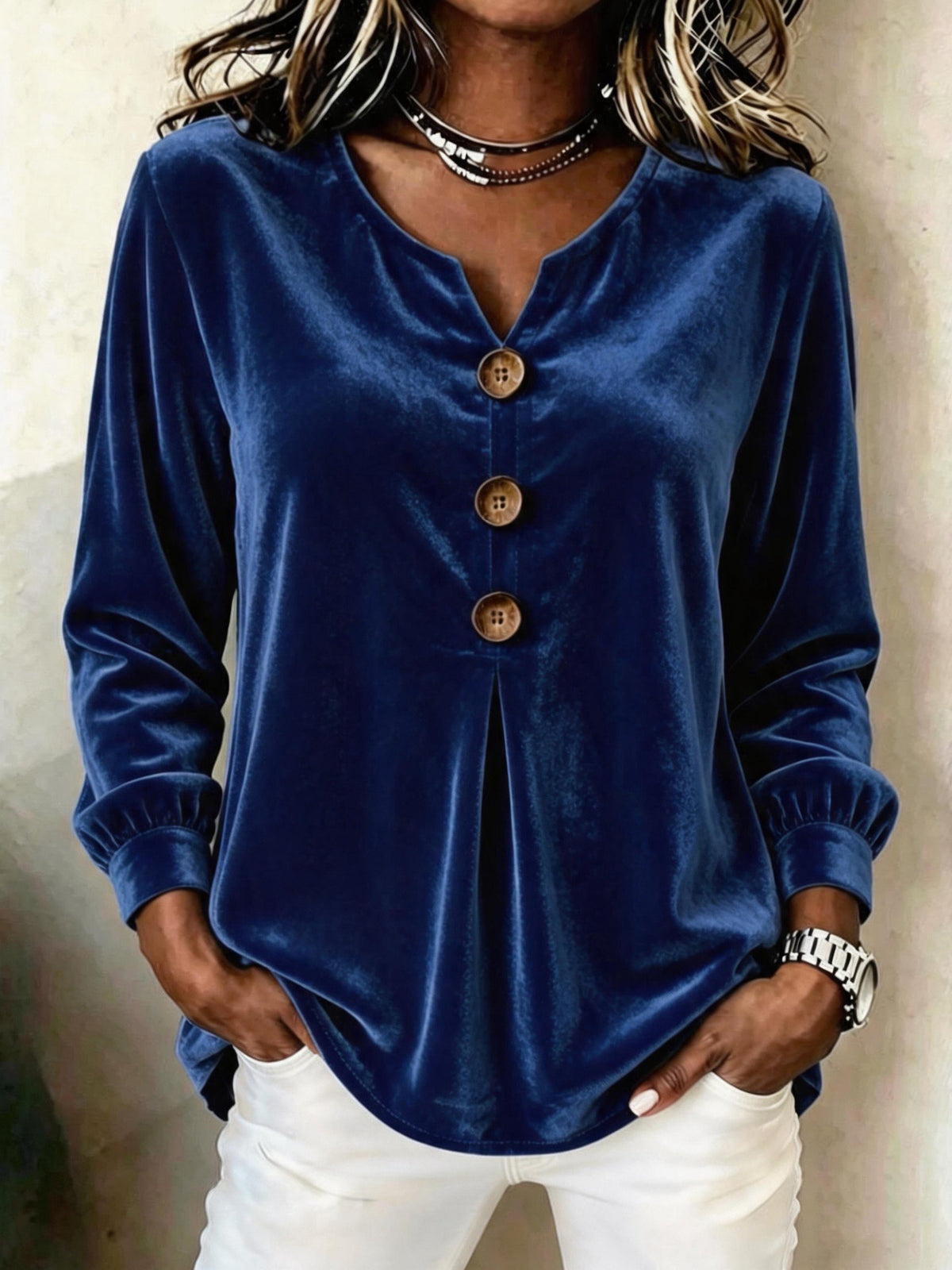 Elegant V-neck Buttoned Long-sleeve Velvet Blouse For Women by Ricaloux