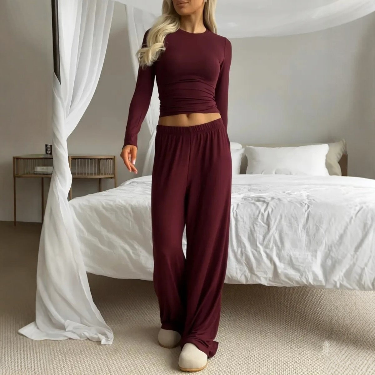 European And American-style Solid-color Long-sleeve Wide-leg Pants Set For Women by Ricaloux