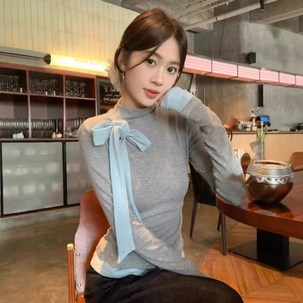 Bow-tied Contrast-Color Long-Sleeve T-Shirt For Women by Ricaloux