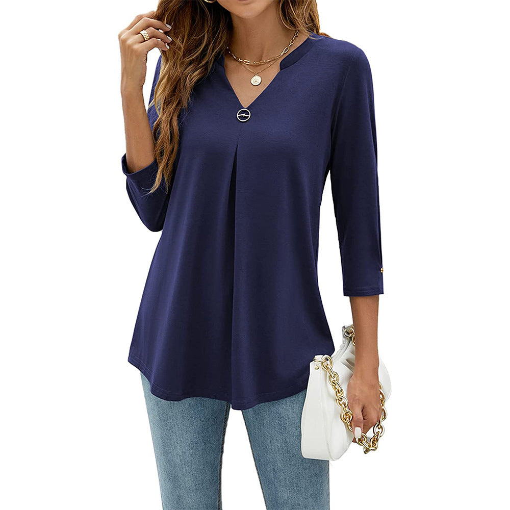 Womens Solid-Color V-Neck Pleated T-Shirt With Three-Quarter Sleeves And Button Accents – Premium 0 | RICALOUX