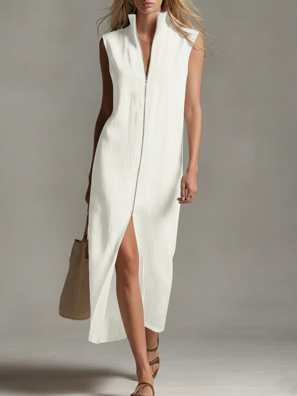 Women's Sleeveless Zip Front Maxi Dress Stand Collar Split Hem Casual Long Dress For Summer by Ricaloux