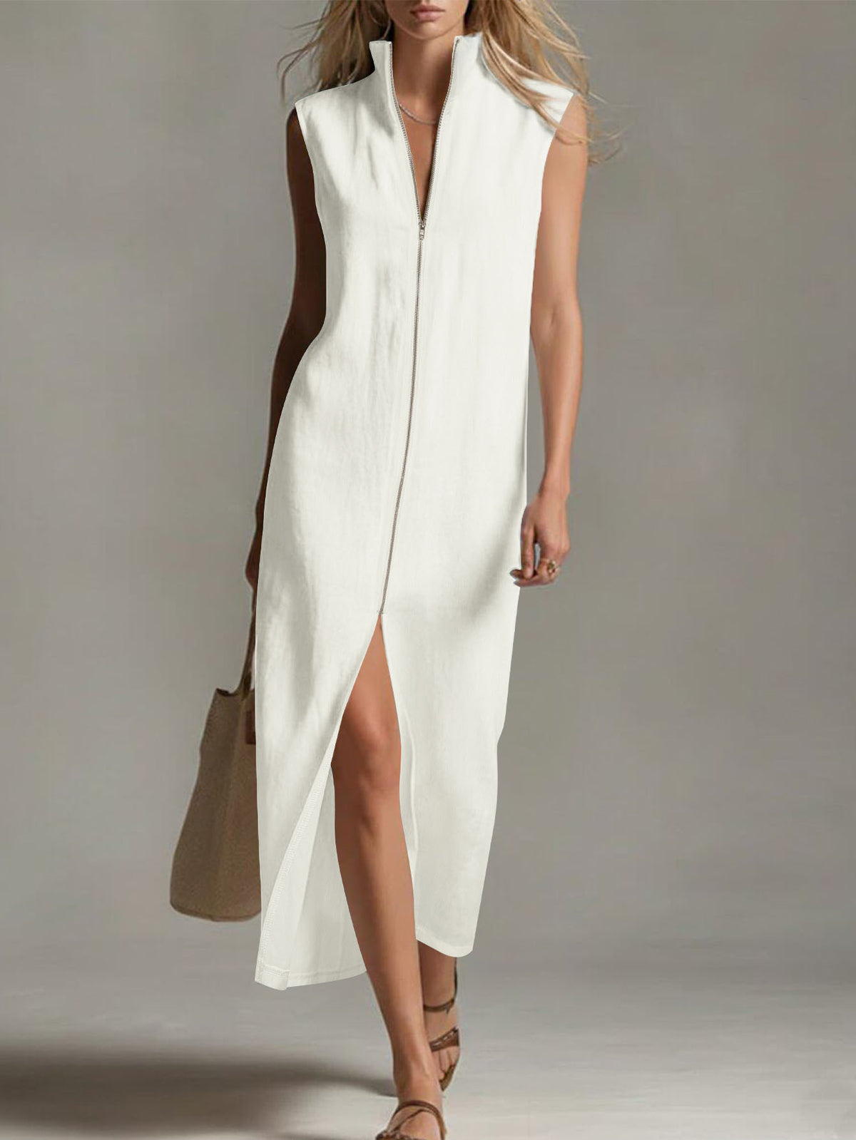 Women's Sleeveless Zip Front Maxi Dress Stand Collar Split Hem Casual Long Dress For Summer by Ricaloux