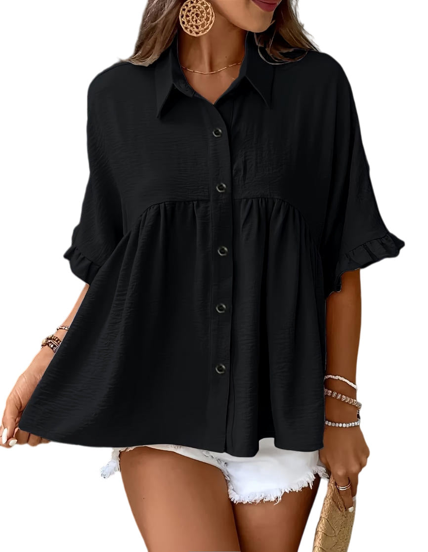 Polo-neck Flared-sleeve Solid-color Button-front Resort-style Top – Premium 0 | RICALOUX