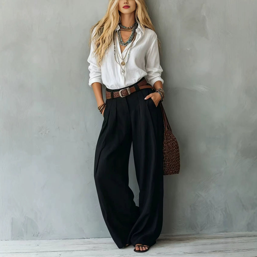 Womens Straight-Leg High-Waist Wide-Leg Pants And Blouse Set by Ricaloux