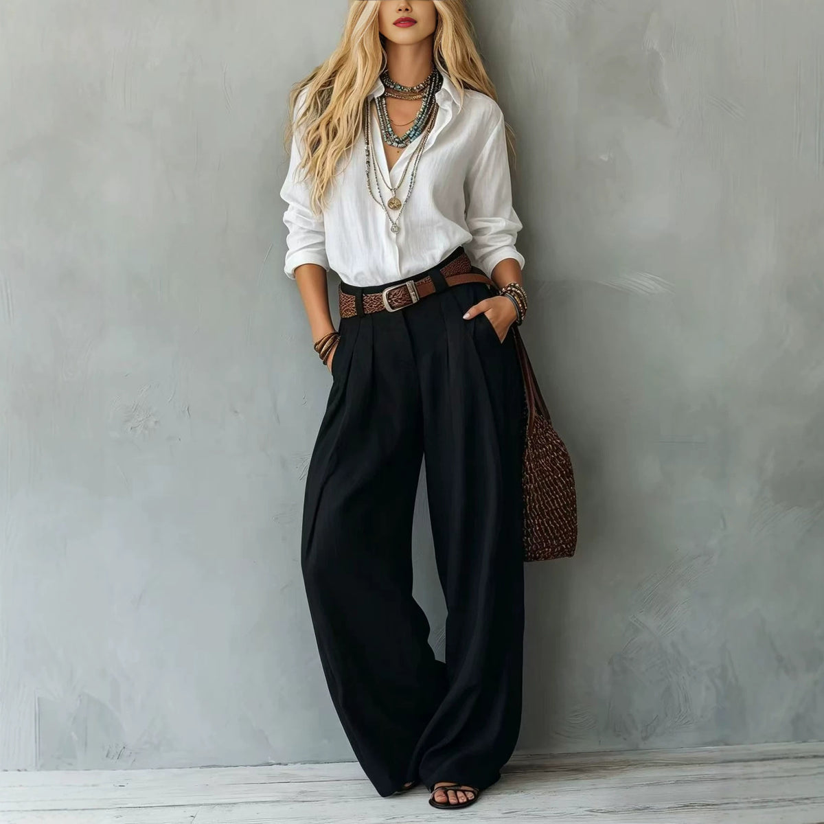 Womens Straight-Leg High-Waist Wide-Leg Pants And Blouse Set by Ricaloux