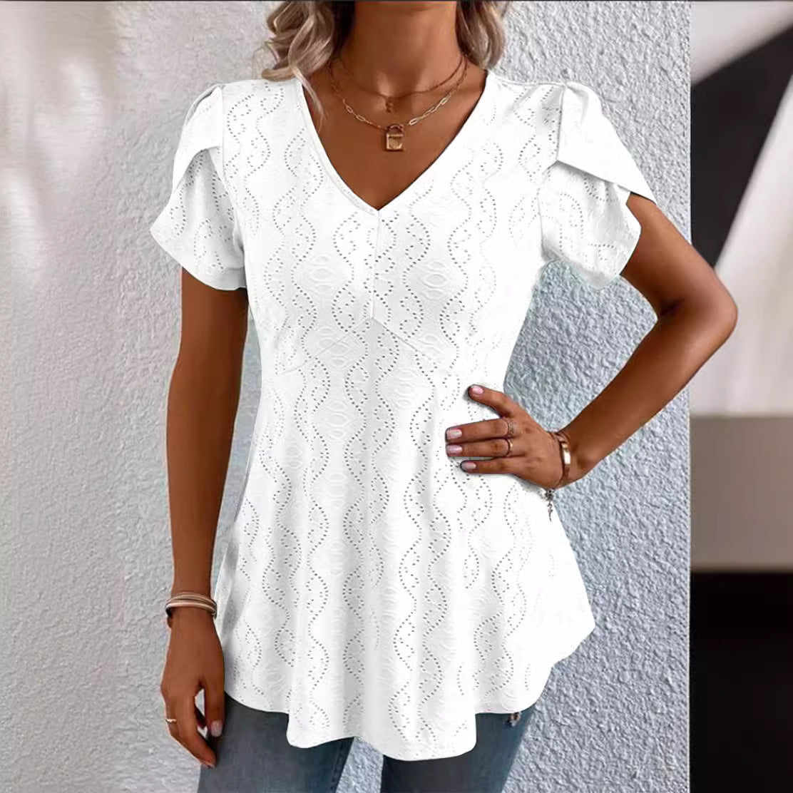 Solid-color V-neck Flutter-sleeve Casual by Ricaloux
