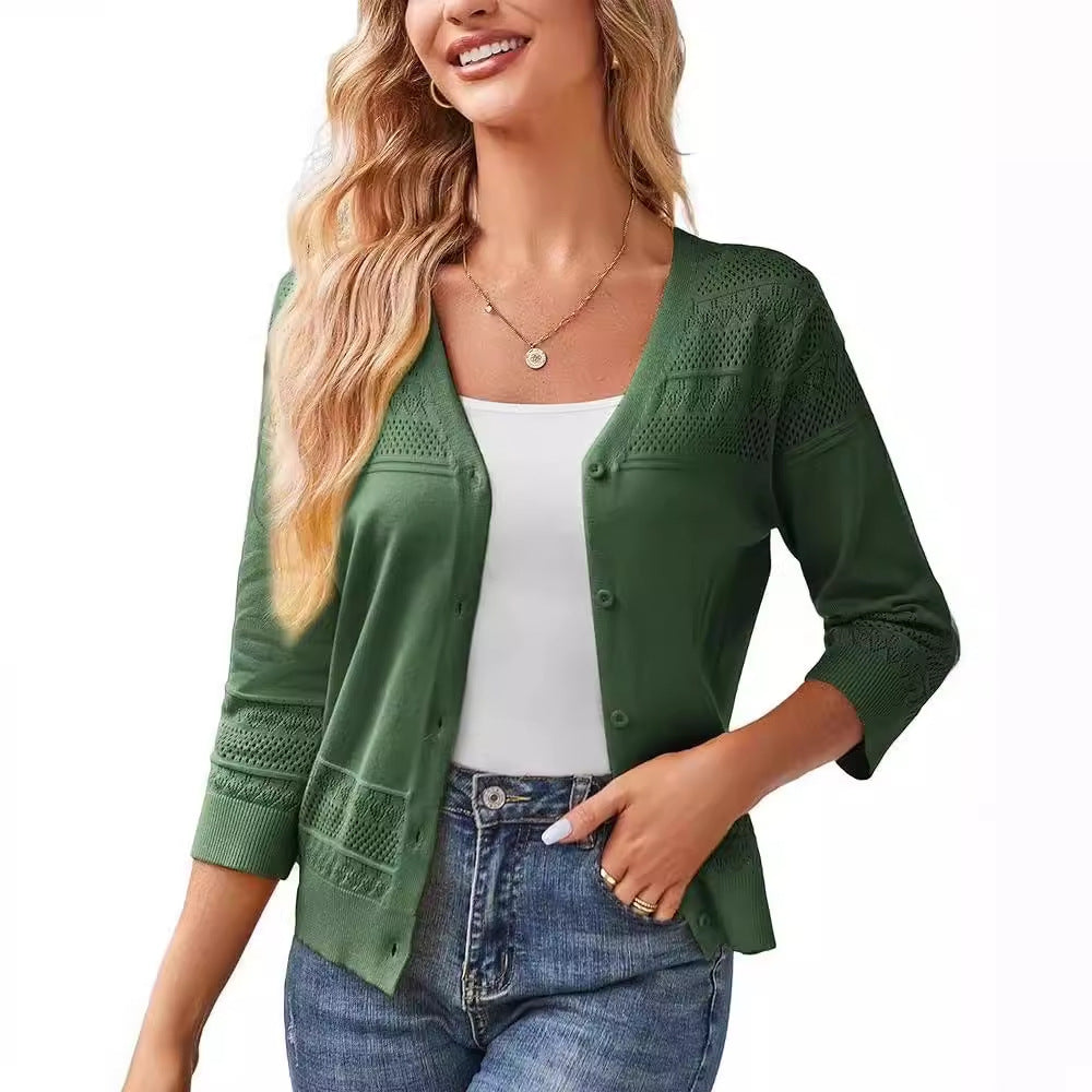 V-neck Cropped Outerwear Hollow-out Knit Cardigan by Ricaloux