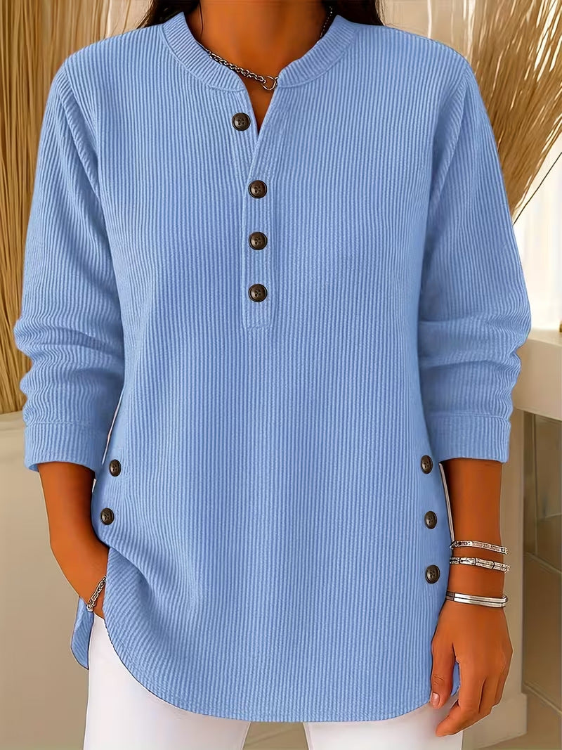Womens Solid-color Corduroy Casual V-neck Long-sleeve Top With Buttons by Ricaloux