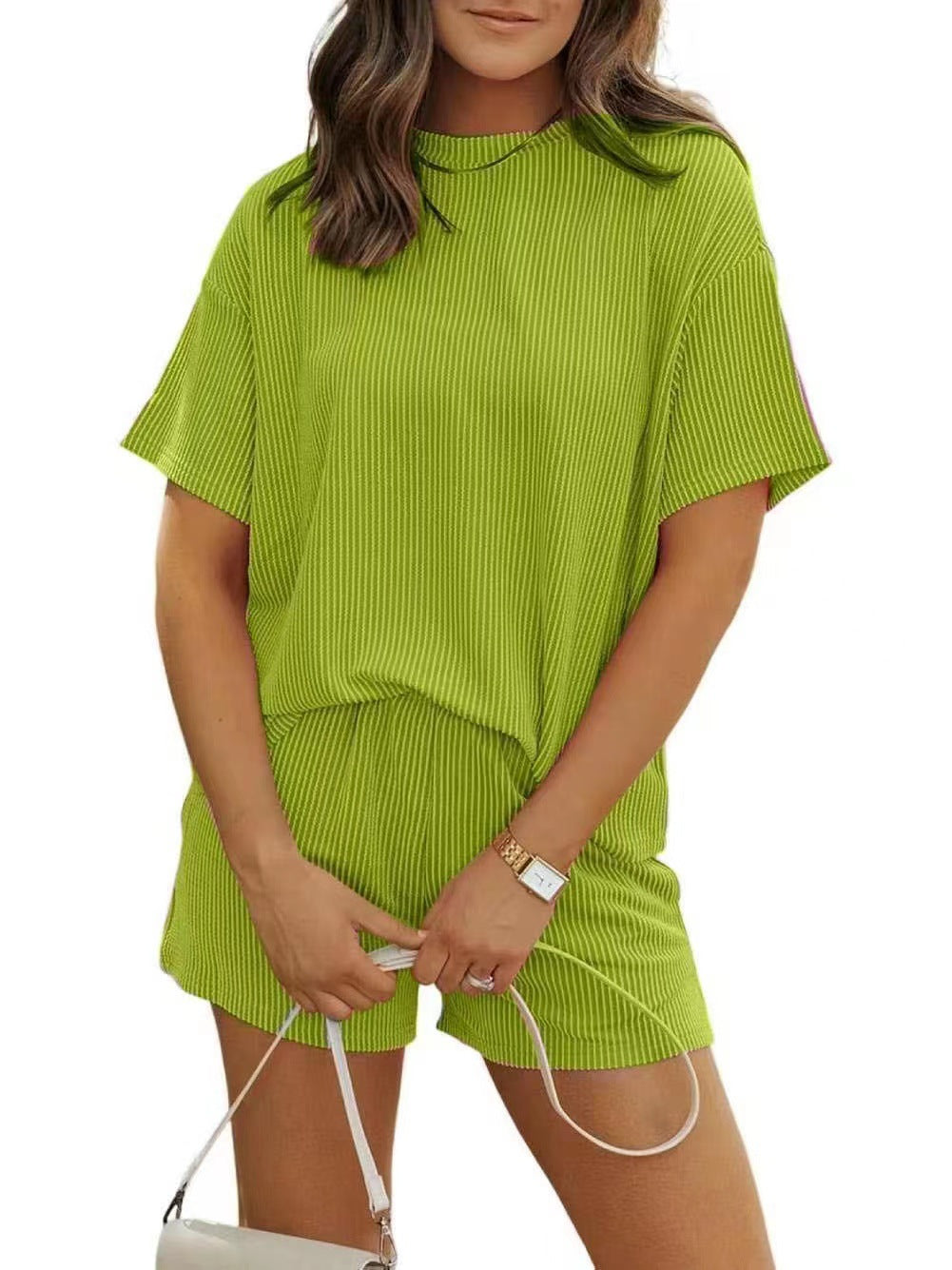 Summer Casual Chic Striped New Round-neck Womens Outfit Set by Ricaloux