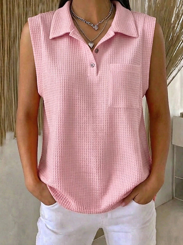 Womens Solid-color Knitted Polo-neck Sleeveless Shirt Vest – Premium 0 | RICALOUX