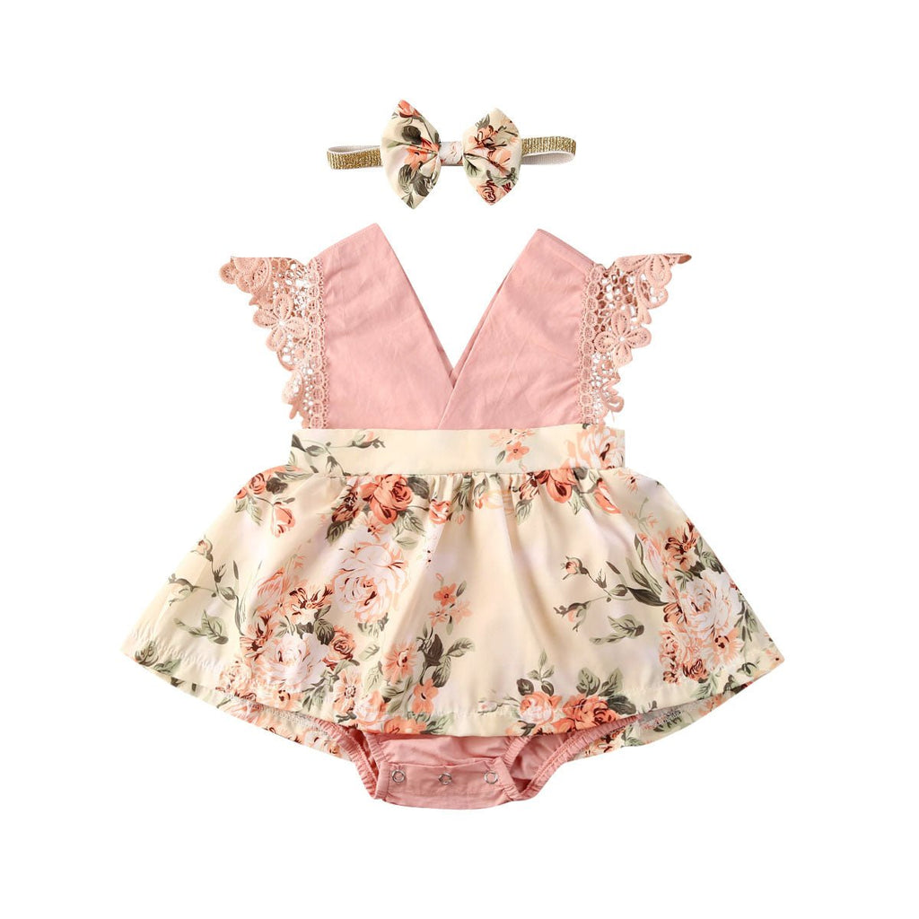 Girl Princess Clothes Baby Romper Girls Floral Lace V Neck Sleeveless Jumpsuit Newborn Headband Kid Outfits Summer Clothing - RICALOUX