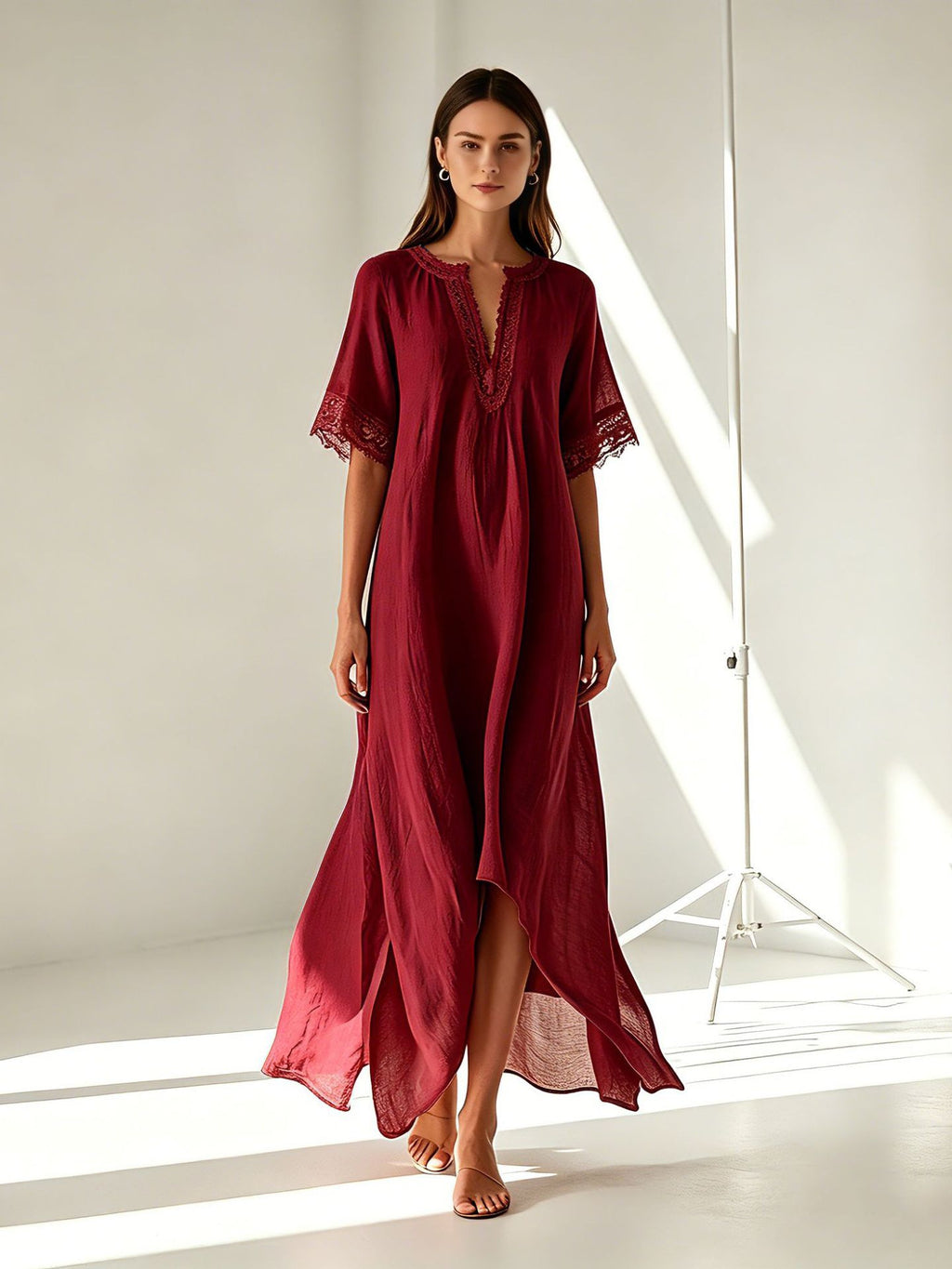 V-neck Short-sleeve Slit Bohemian Resort Dress – Premium 0 | RICALOUX