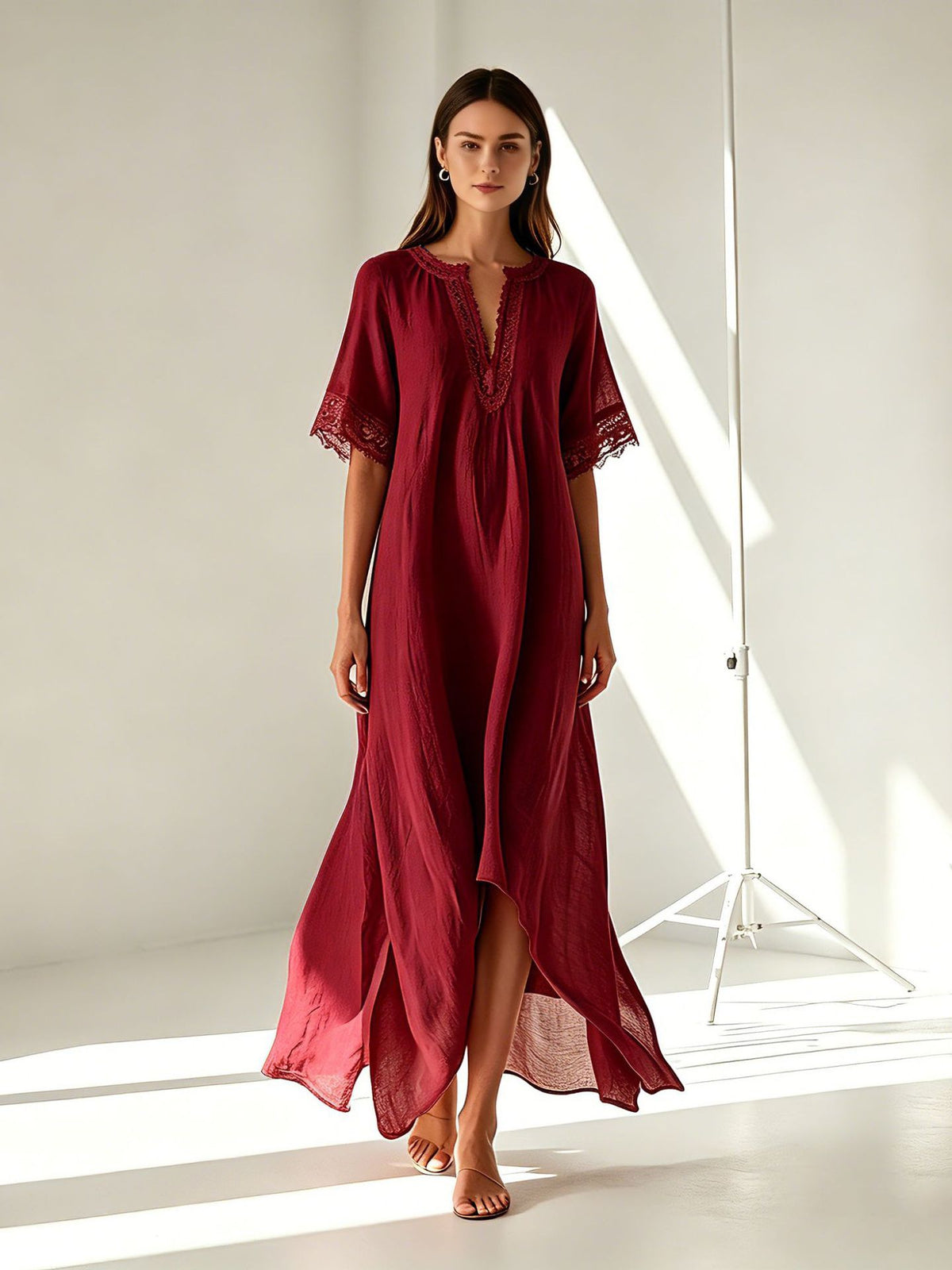 V-neck Short-sleeve Slit Bohemian Resort Dress – Premium 0 | RICALOUX