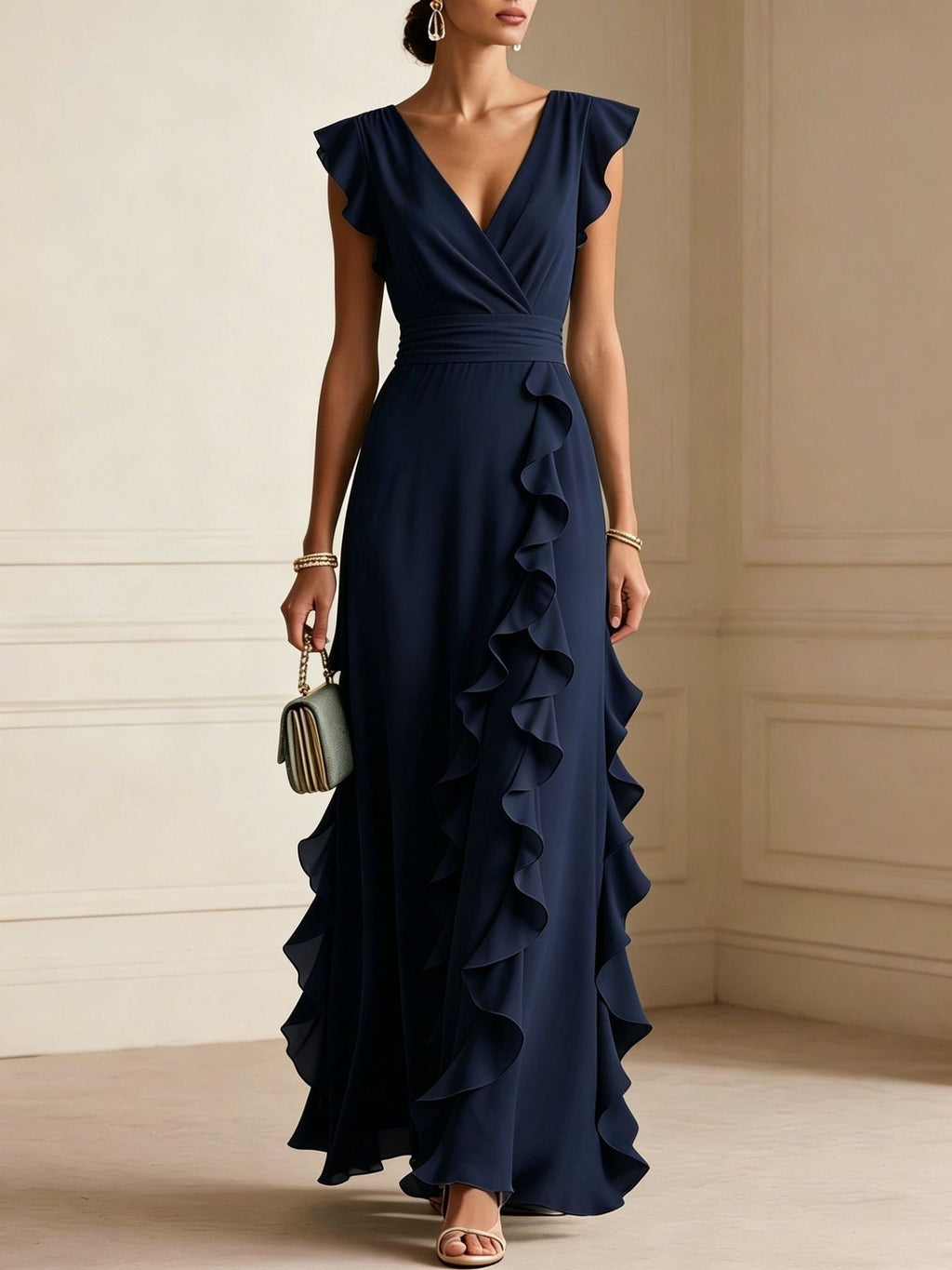 Women's Elegant Solid Color Ruffle Sleeveless Sexy V-Neck Long Dress Fashionable Bohemian Women's Party Evening Maxi Dresses by Ricaloux