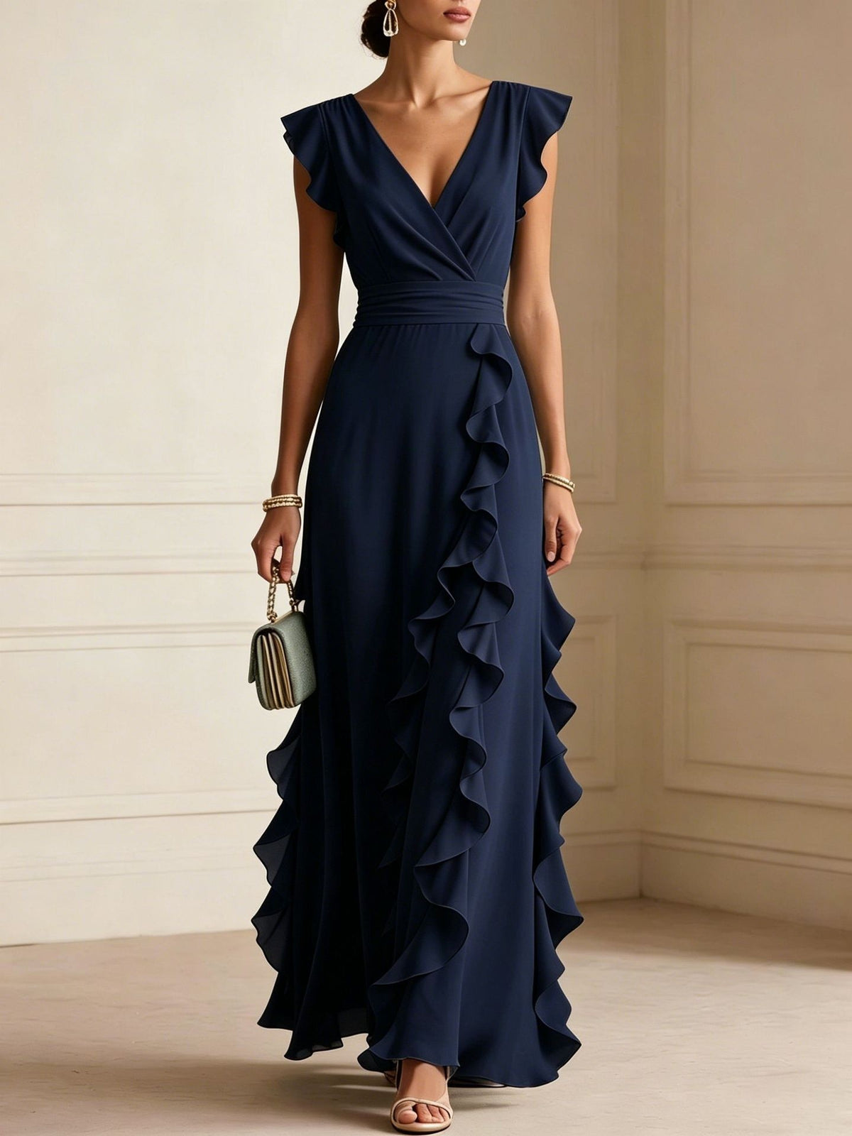 Women's Elegant Solid Color Ruffle Sleeveless Sexy V-Neck Long Dress Fashionable Bohemian Women's Party Evening Maxi Dresses by Ricaloux